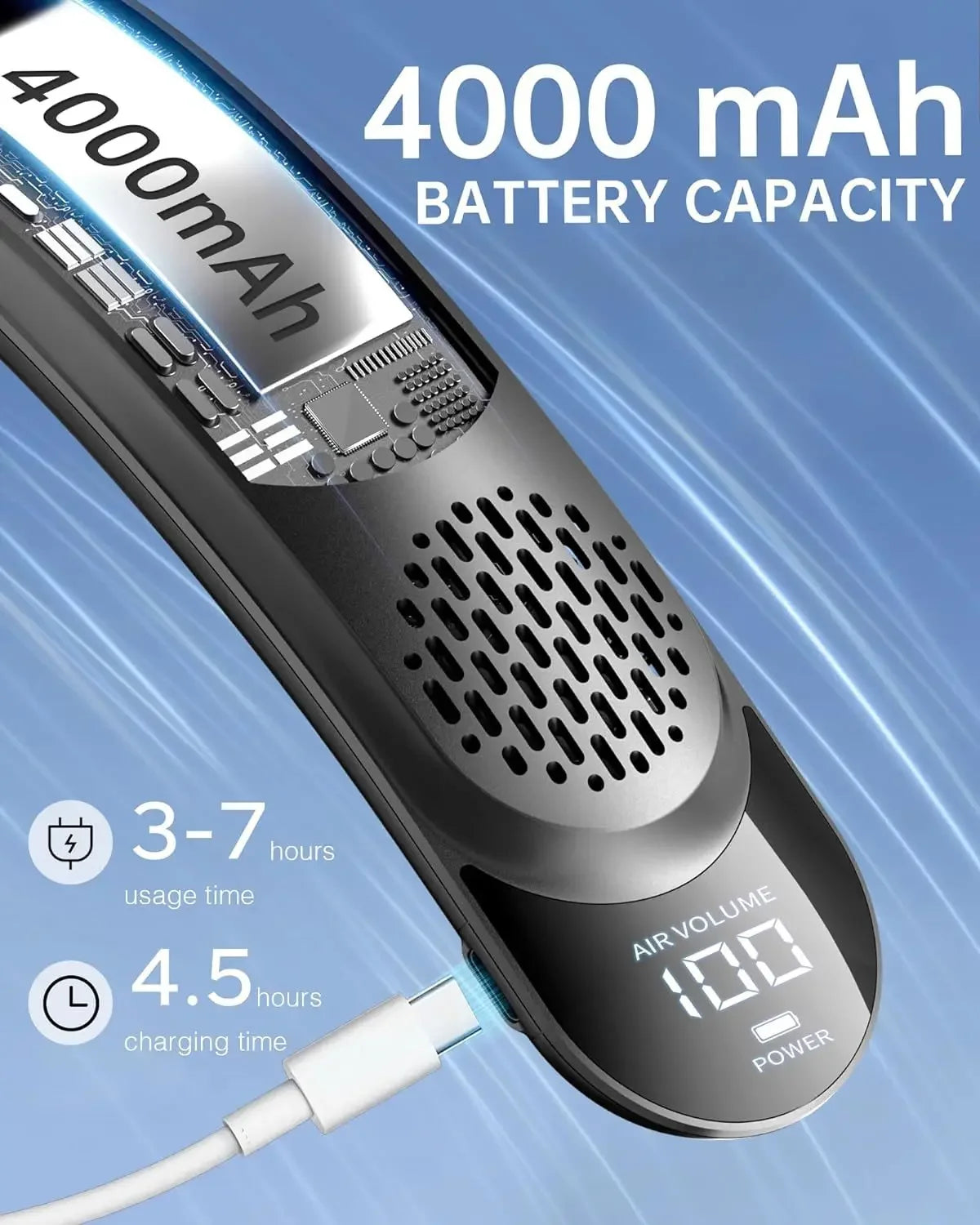 4000mAh Leafless Portable Neck Fan 3 Gears Adjustable Super Strong Wind Fast Cooling Multi-Function Digital Display Neck Fan
