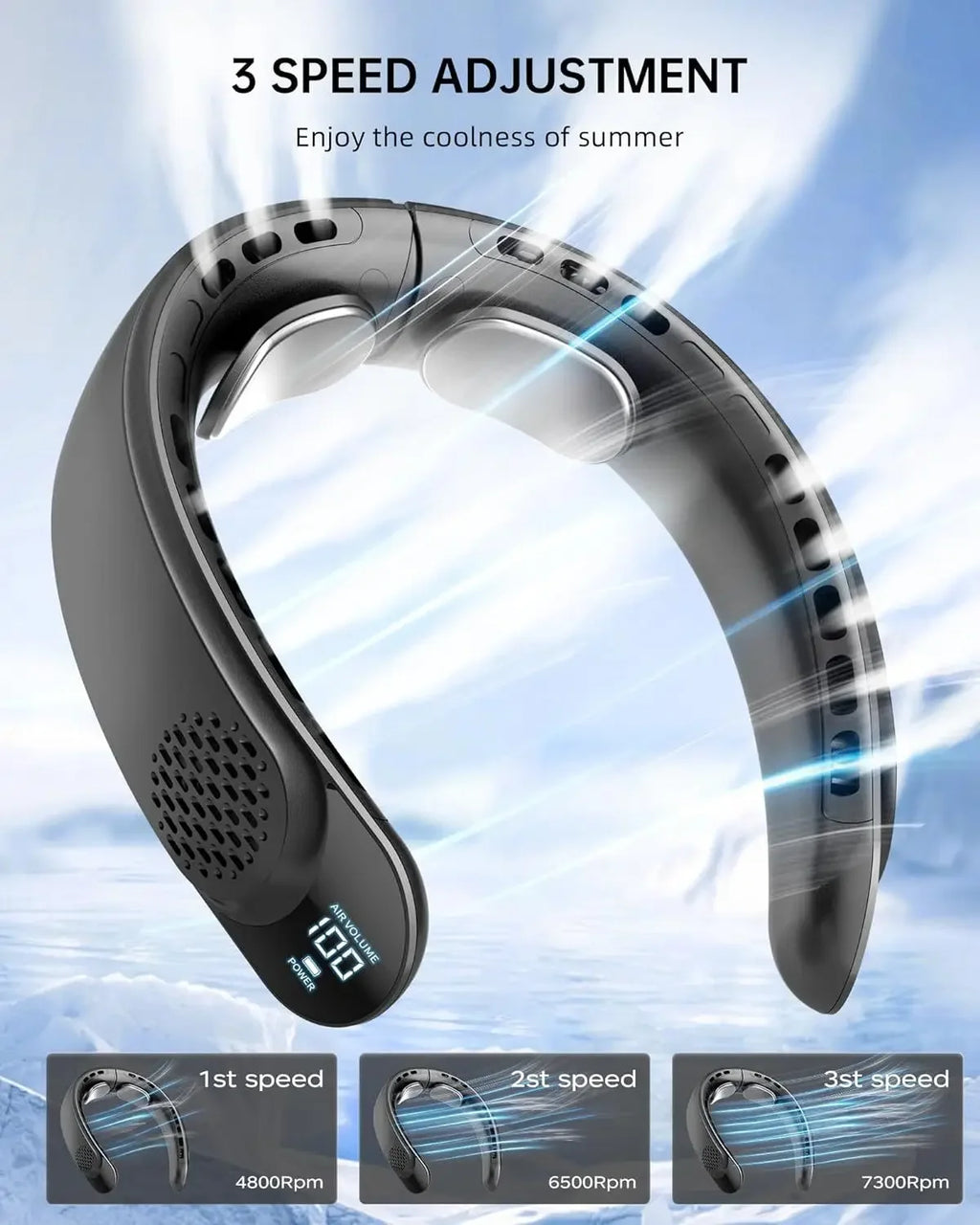4000mAh Leafless Portable Neck Fan 3 Gears Adjustable Super Strong Wind Fast Cooling Multi-Function Digital Display Neck Fan